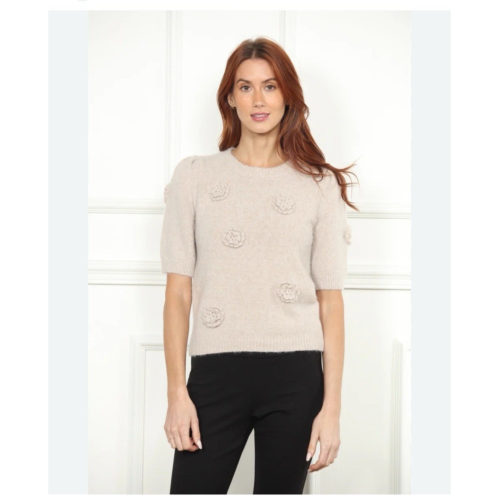 Lalavon Sweater Womens Large Puff Sleeve Rosetted Short Sleeve Pullover Casual
